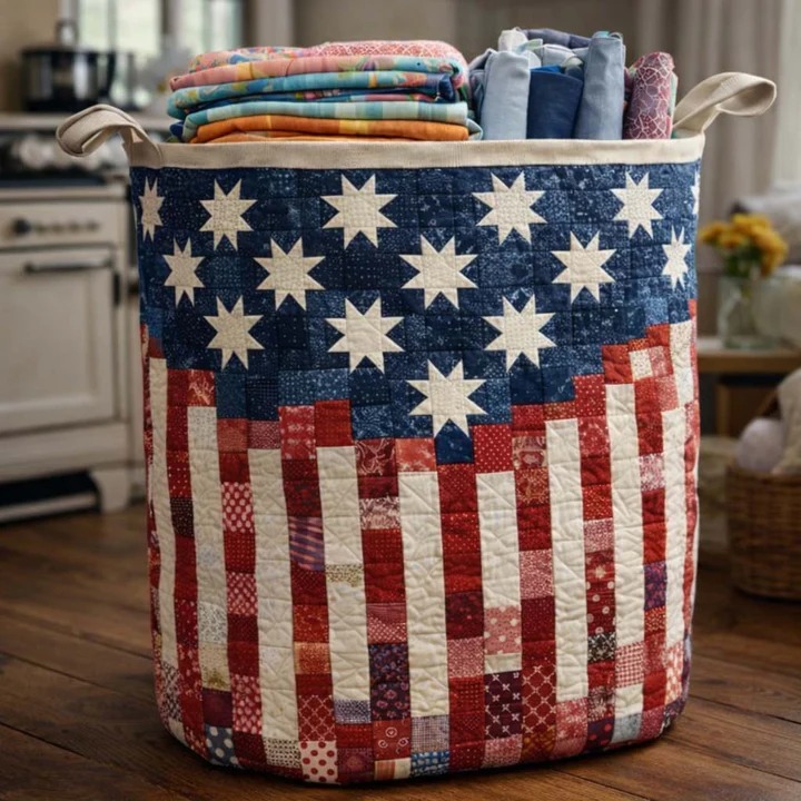 Stars And Stripes Quilt Laundry Basket Patriotic American Pride Home Decor Gift For Patriot Lovers