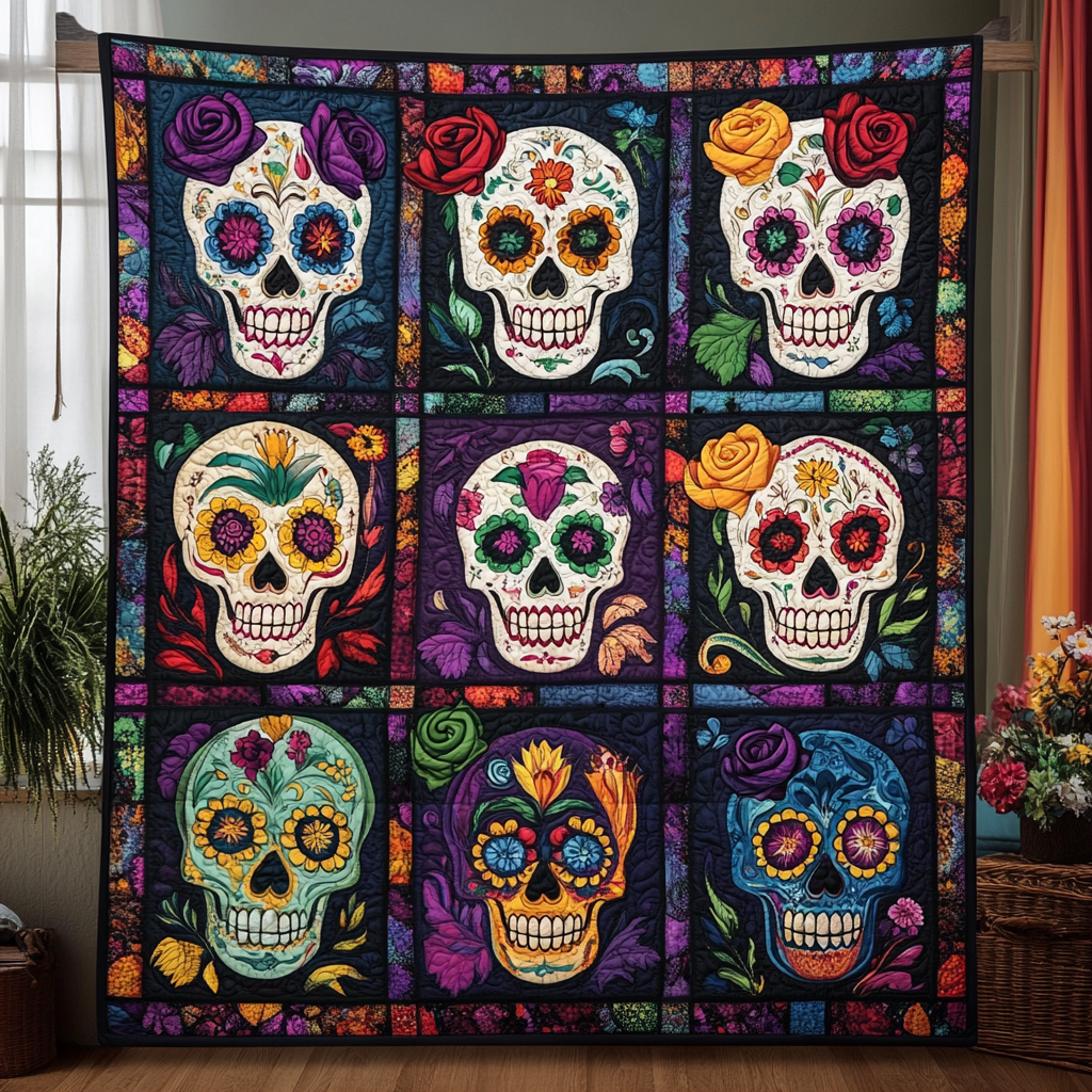 Sugar Skull Magic Quilted Blanket Bedspread Quilts Day Of The Dead Merchandise