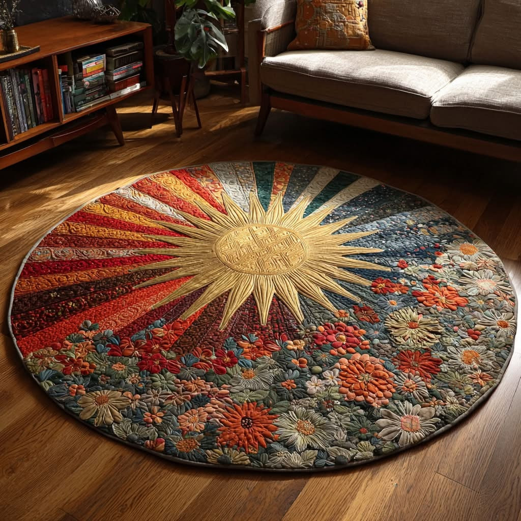 Sunburst Bloom Quilted Round Mat Vibrant Floral Circle Rug Mother's In Law Gifts Mom's Day