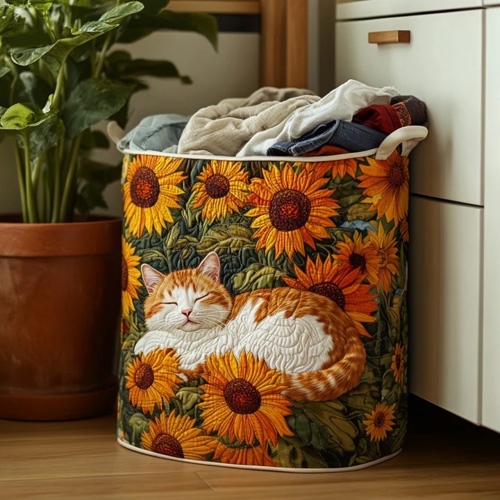 Sunflower Cat Quilted Laundry Basket Sleeping Tabby Floral Boho Home Decor Gift For Cat Lovers