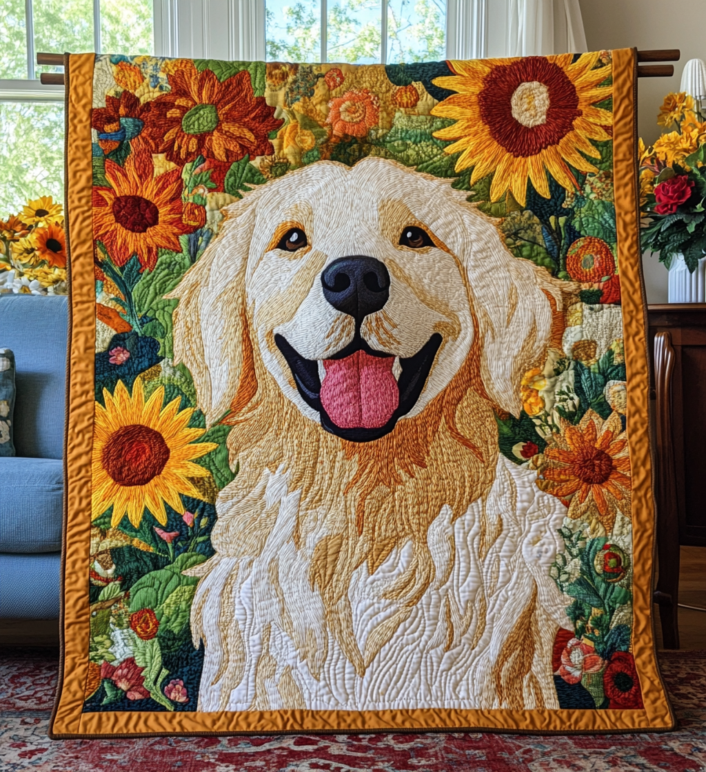 Sunflower Golden Retriever Quilted Blanket Bed Room Decoration Presents For Golden Retriever Owners