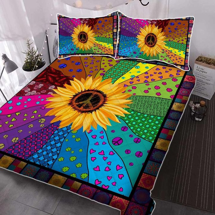 Sunflower Hippie Peace Sign Quilt Bedding Set Colorful Bedspread Set Best Gifts For Hippie Mom