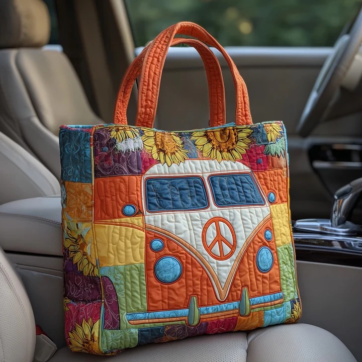 Sunflower Hippie Van Quilted Tote Bag Patchwork Peace Bag Best Gift For Hippie Lovers