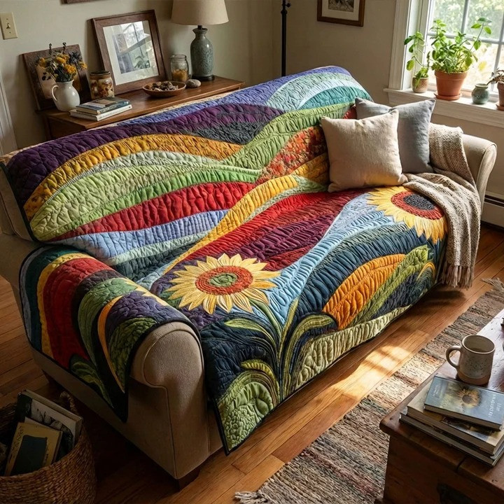 Sunflower Meadow Quilted Sofa Cover Bright Floral Country Furniture Protector Best Gift For Her