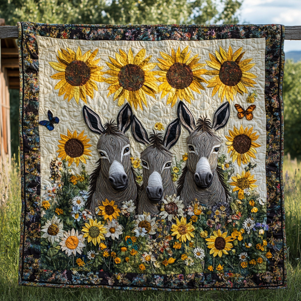 Sunflowers Charming Donkeys Quilted Blanket Bed Room Decoration Gifts For Donkey Lovers