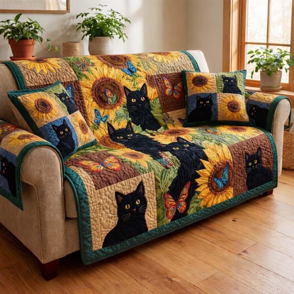 Sunlight Cat Meadow Quilted Sofa Cover Sunflower Couch Cover Cute Mothers Day Gifts