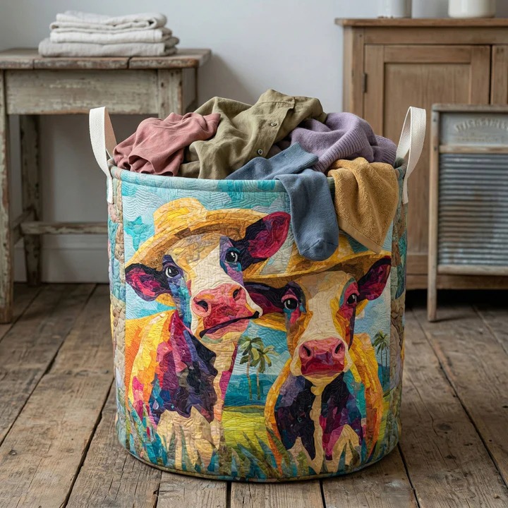 Sunny Cow Pair Hat Quilted Laundry Basket Farmhouse Home Decor Best Gift For Cow And Farm Lovers