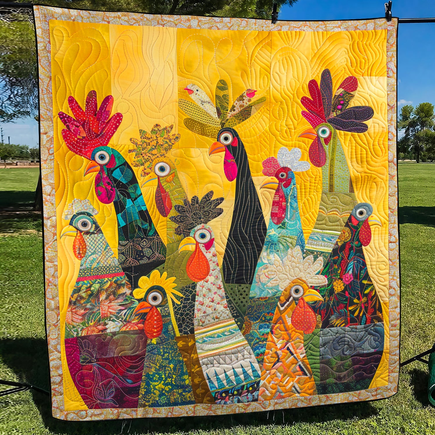 Sunrise Roosters Quilted Blanket Cozy Bedroom Decor Best Gifts For Chicken Owners