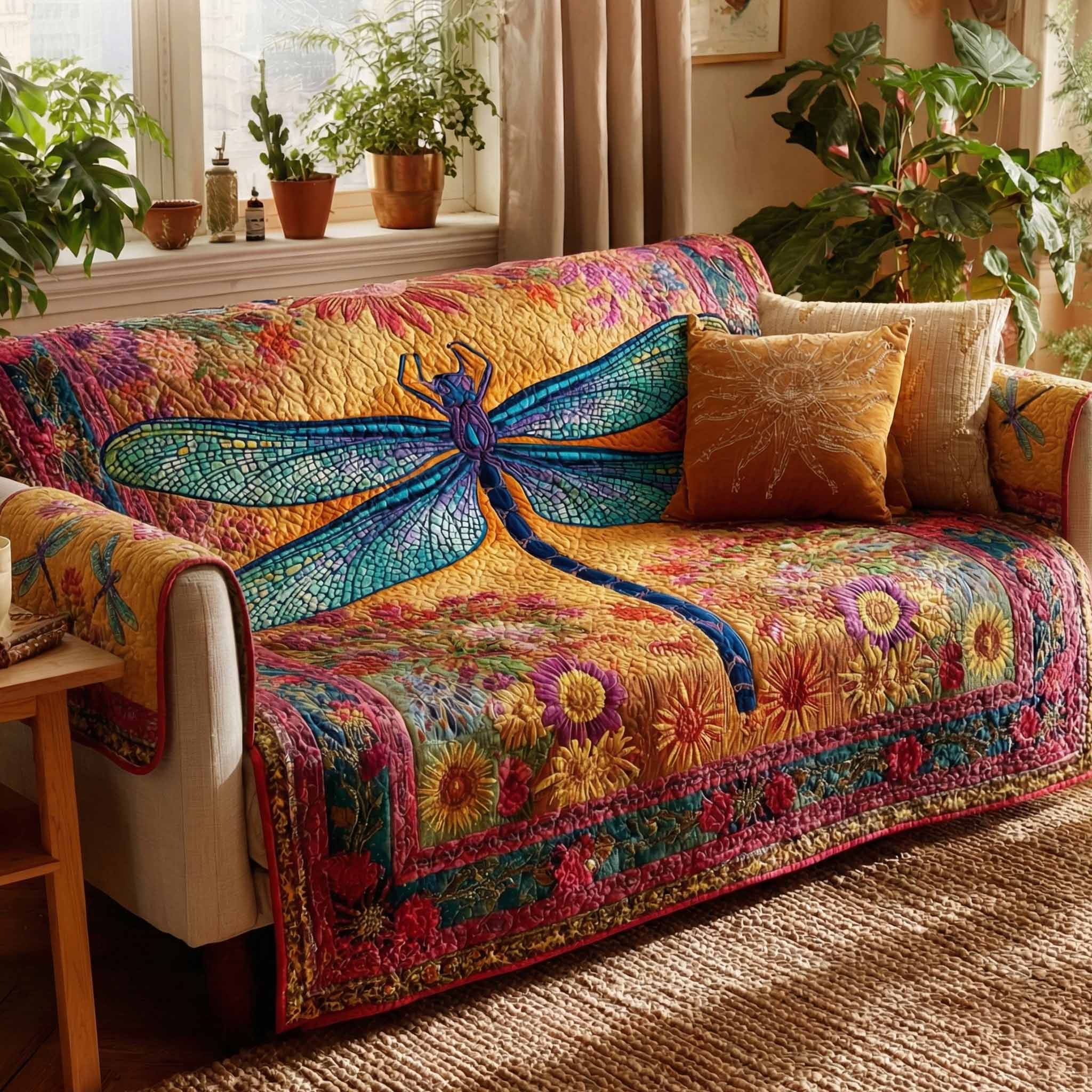 Sunset Wings Quilted Sofa Cover Sofa Cover For Couch Dragonfly Gifts For Him