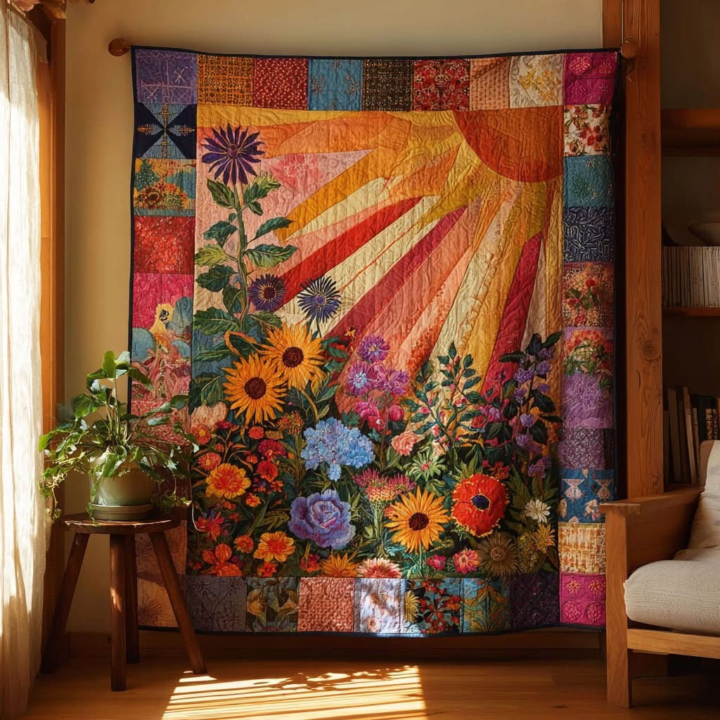 Sunshine Radiance Golden Light Floral Quilted Blanket Colorful Radiant Horizon Blanket