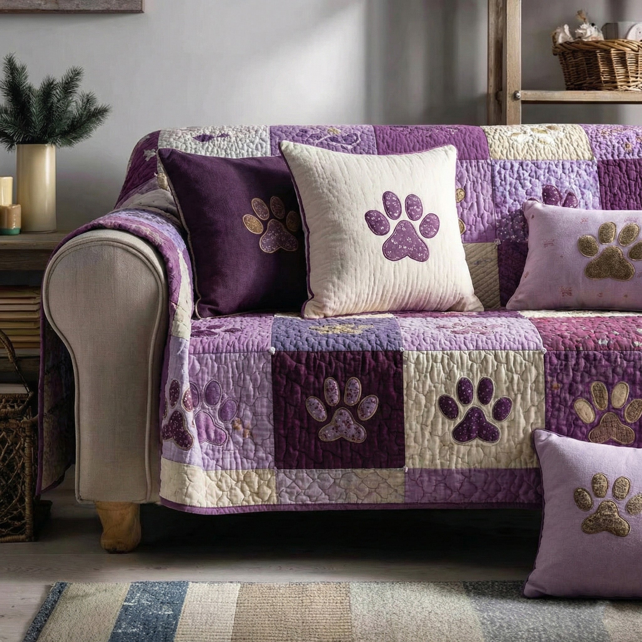 Sweet Paw Prints Quilted Sofa Cover Sofa Protector Cover Dog Related Gifts