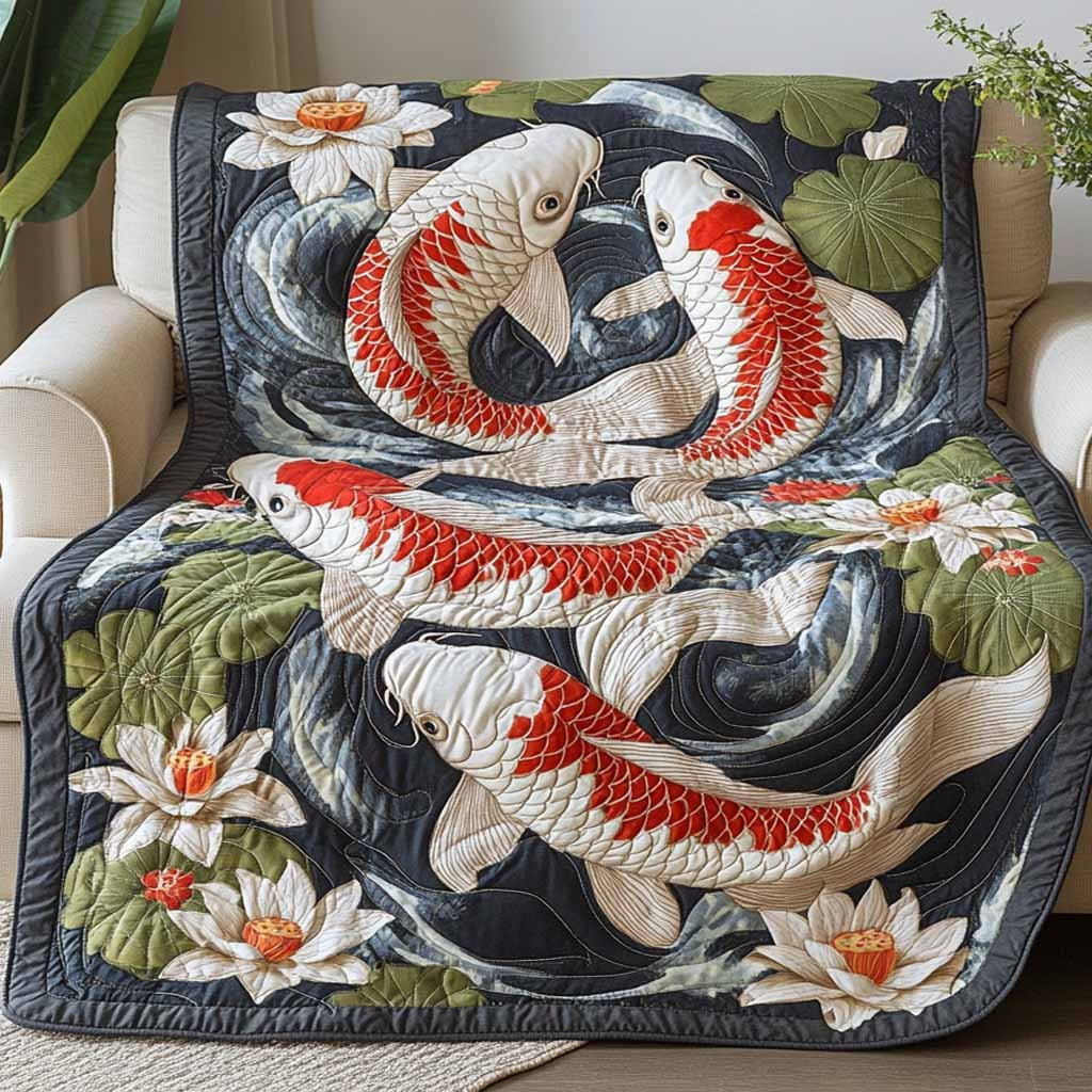 Swirling Koi Pond Quilted Blanket Japanese Water Lily Decor Apparel Gift For Fish Lover
