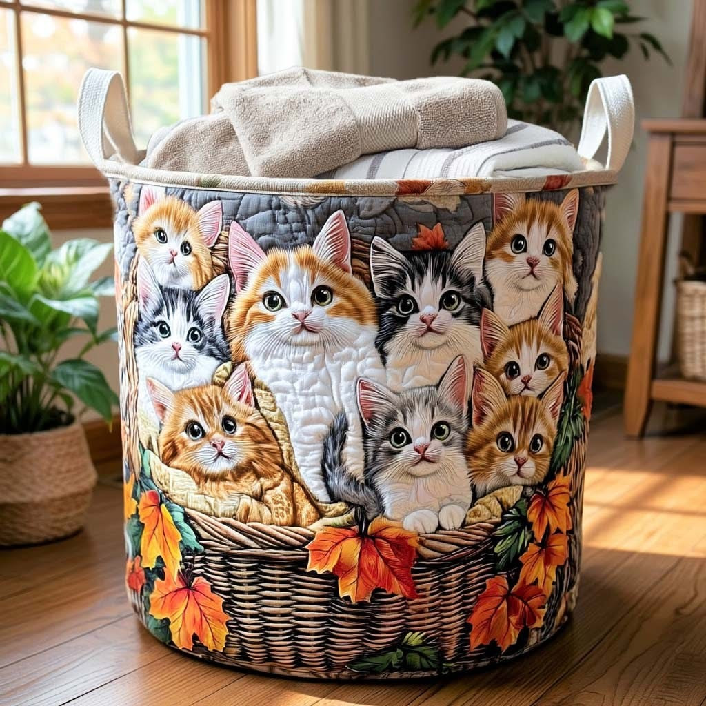 Tabby Cat Charm Quilted Laundry Basket Cute Animal Hamper Basket Presents For Cat Lovers