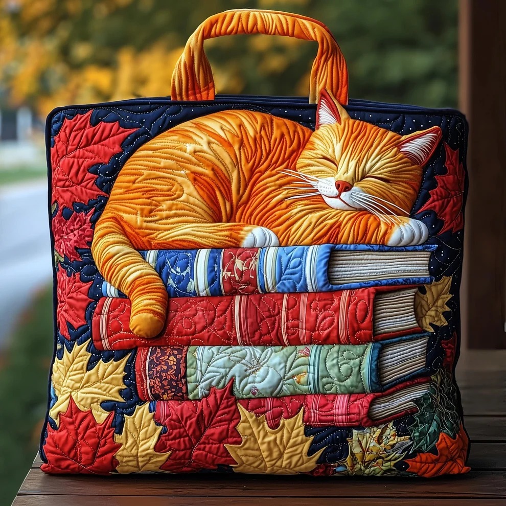 Tabby Cat Nap On Books Autumn Quilted Tote Bag Cozy Bookworm Literary Cat Lover Gift For Mother