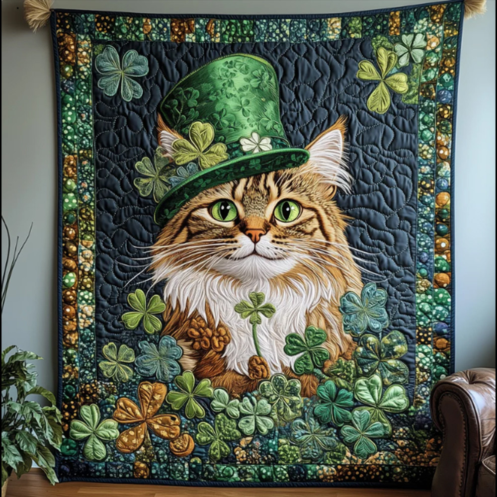 Tabby Cat Shamrock Saint Patrick's Day Quilt Blanket Best Gift For Irish