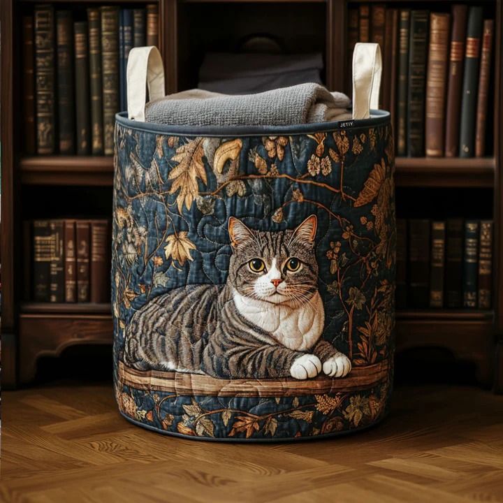 Tabby Cat Tapestry Quilted Laundry Basket Floral Cat Storage Bin Best Gift For Cat Lovers