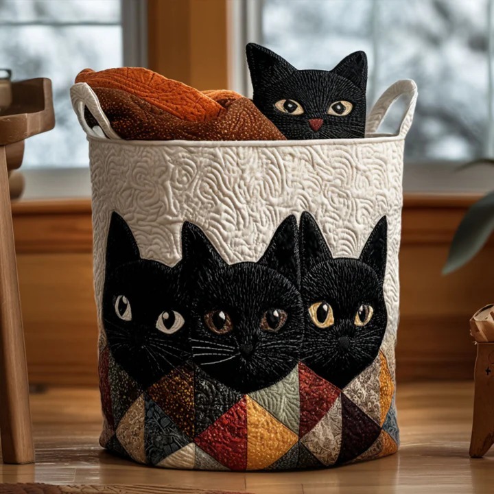 The Curious Cat Quilted Laundry Basket Boho Playful Cat Home Decor Cute Gift For Cat Lovers