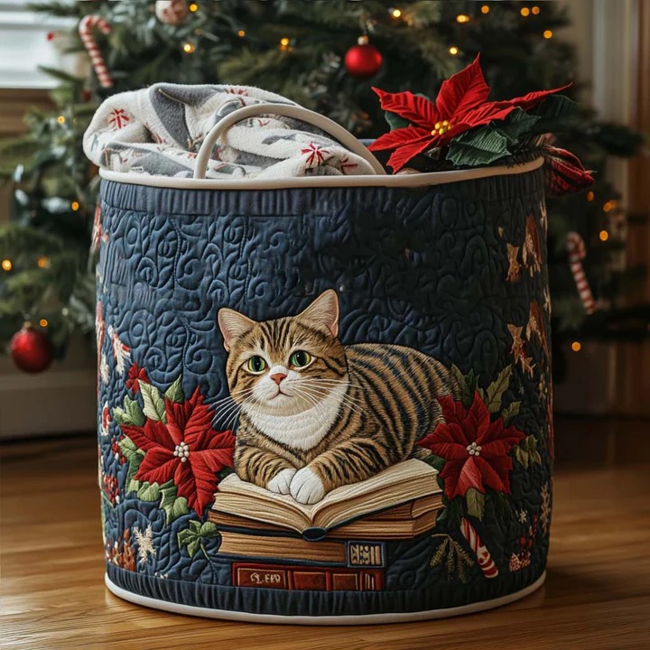 The Reading Cat Quilted Laundry Basket Book Lover Boho Cat Home Decor Gift For Cat And Book Lovers