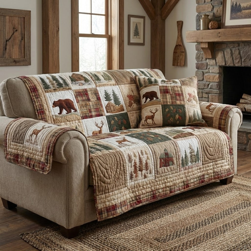 Timber Bears Quilted Sofa Cover Living Room Decor Cute Bear Gifts For Him Her