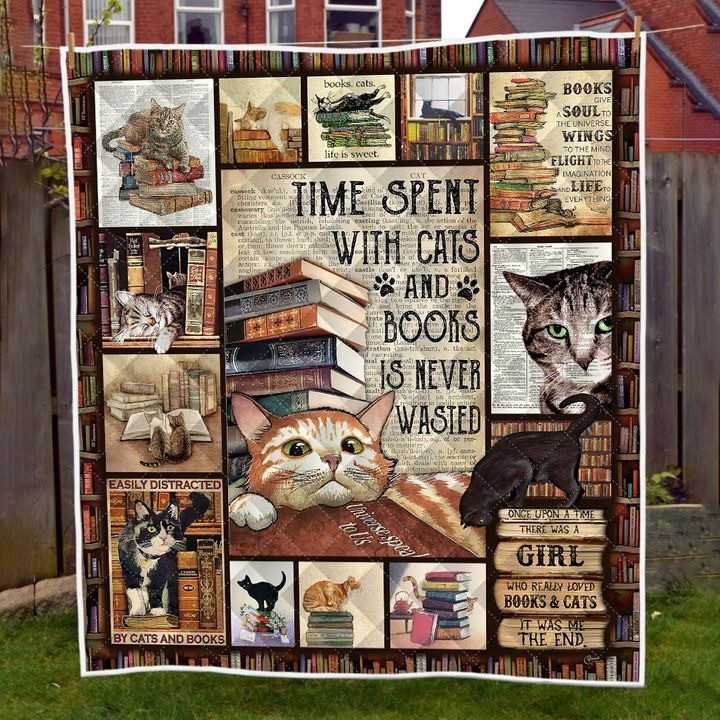 Time Spent With Cats And Books Is Never Wasted Quilted Blanket Bookworm Gifts For Cat Lovers