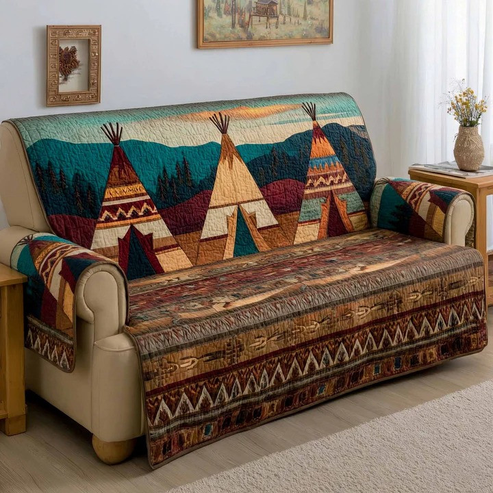 Tribal Peaks Quilted Sofa Cover Boho Southwest Geometric Furniture Protector Best Home Decor Gift