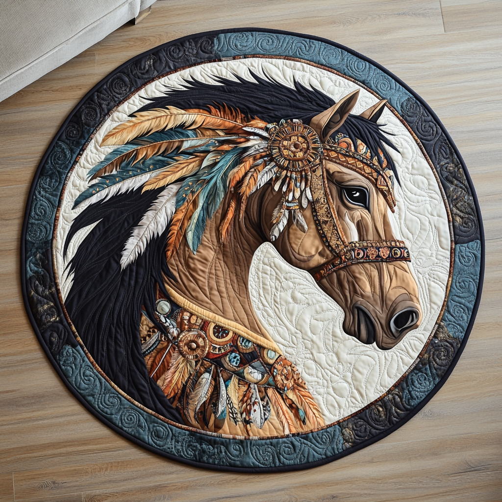 Tribal Spirit Quilted Round Mat Door Entrance Decor Christmas Gift Ideas For Horse Owners