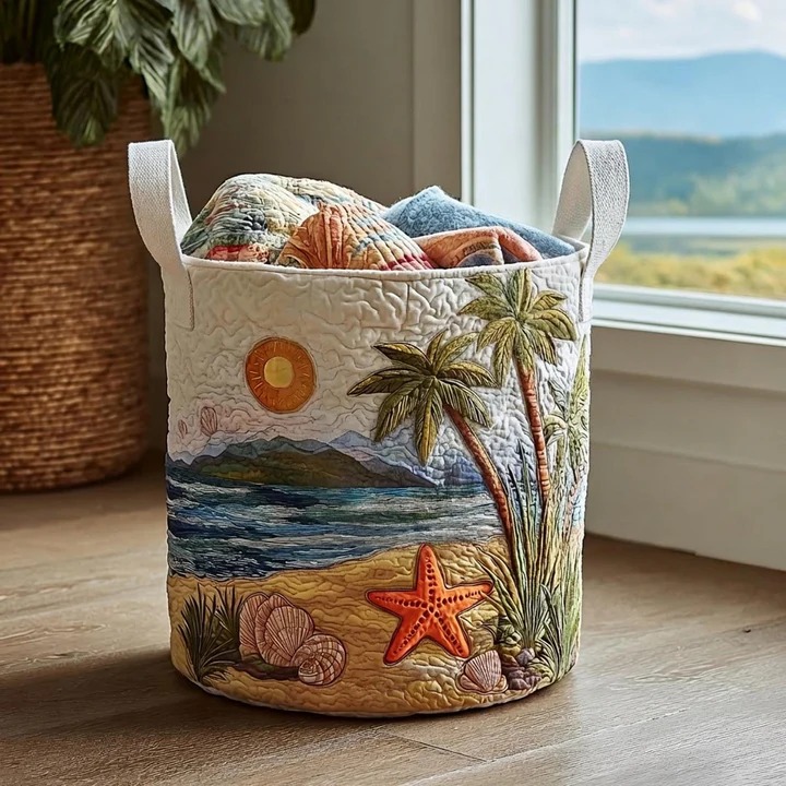 Tropical Beach Palm Starfish Quilted Laundry Basket Coastal Home Decor Best Gift For Beach Lovers