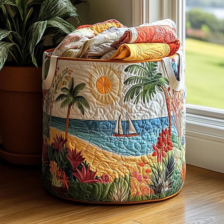Tropical Beach Sailboat Sun Quilted Laundry Basket Coastal Home Decor Best Gift For Beach Lovers