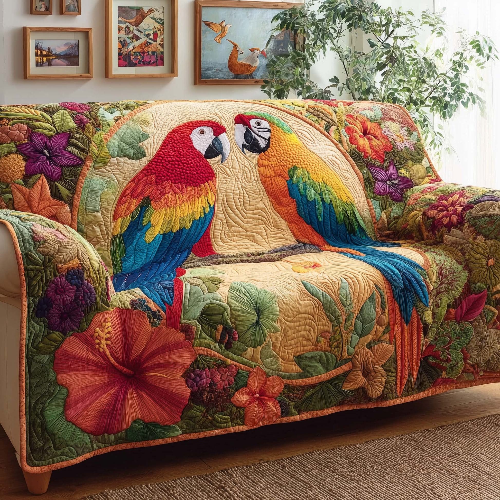 Tropical Parrots Quilted Sofa Cover Vibrant Couch Covers Gifts For Parrots Lovers