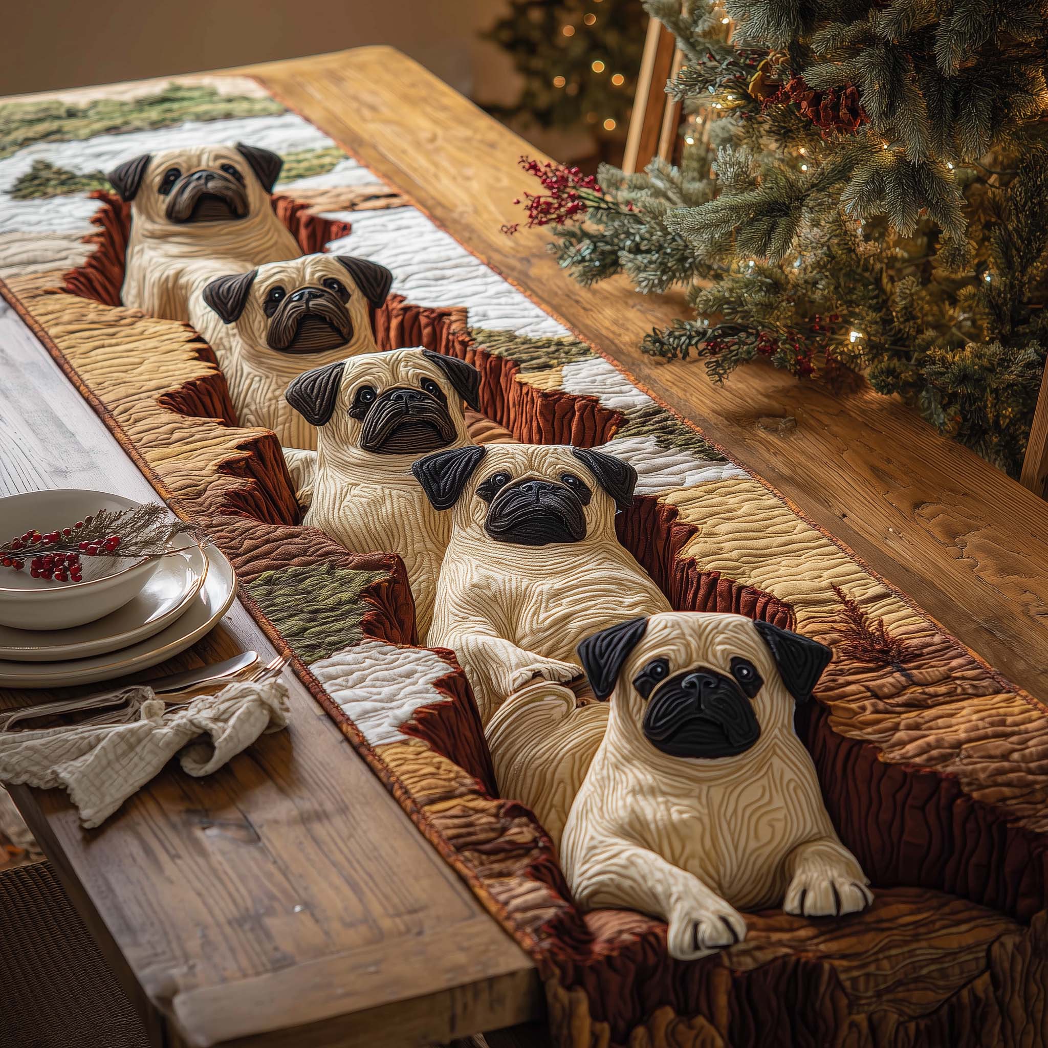 Tunnel Pugs Quilted Table Runner Farmhouse Dining Room Decor Gift For Home