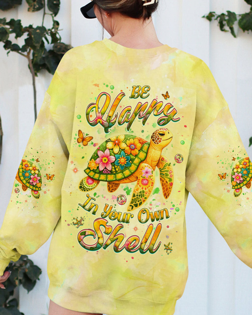 Turtle Be Happy In Your Own Shell Sweatshirt Vibrant Turtle And Flower Art Merch Gift For Wife