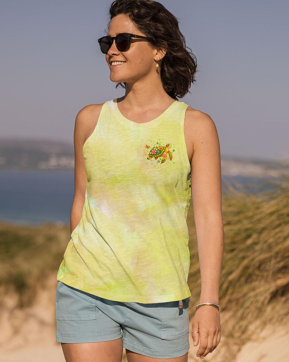 Turtle Be Happy In Your Own Shell Tank Top Vibrant Turtle And Flower Art Merch Gift For Sister - Image 2