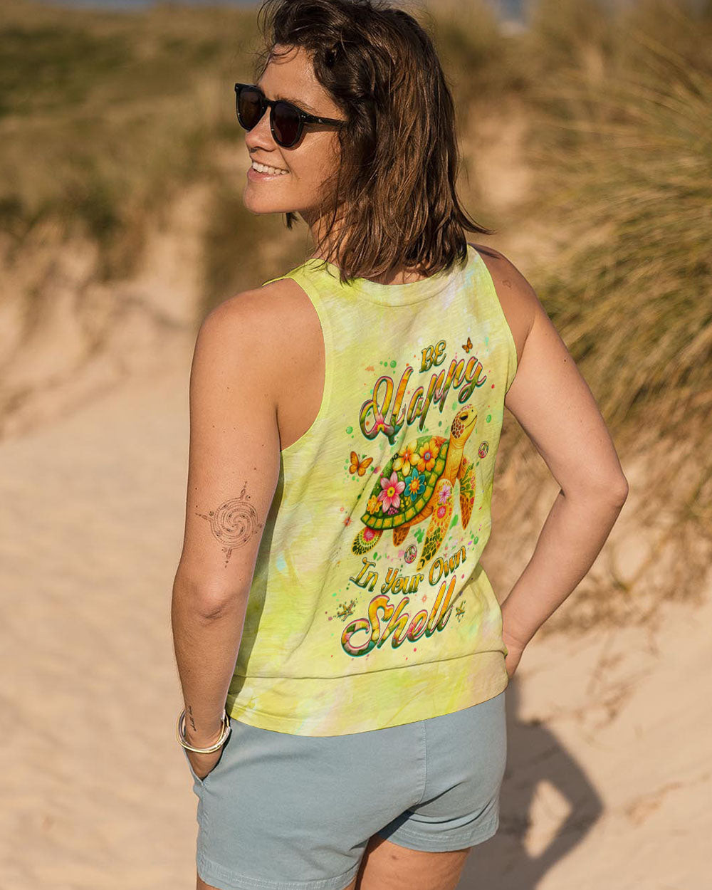 Turtle Be Happy In Your Own Shell Tank Top Vibrant Turtle And Flower Art Merch Gift For Sister