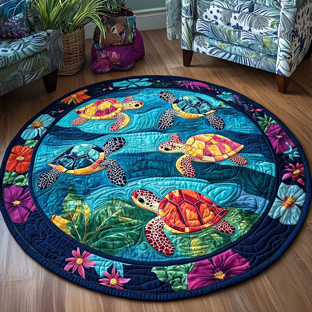 Turtle Relax Quilted Round Mat Outdoor Entryway Decor Sea Turtle Themed Gifts
