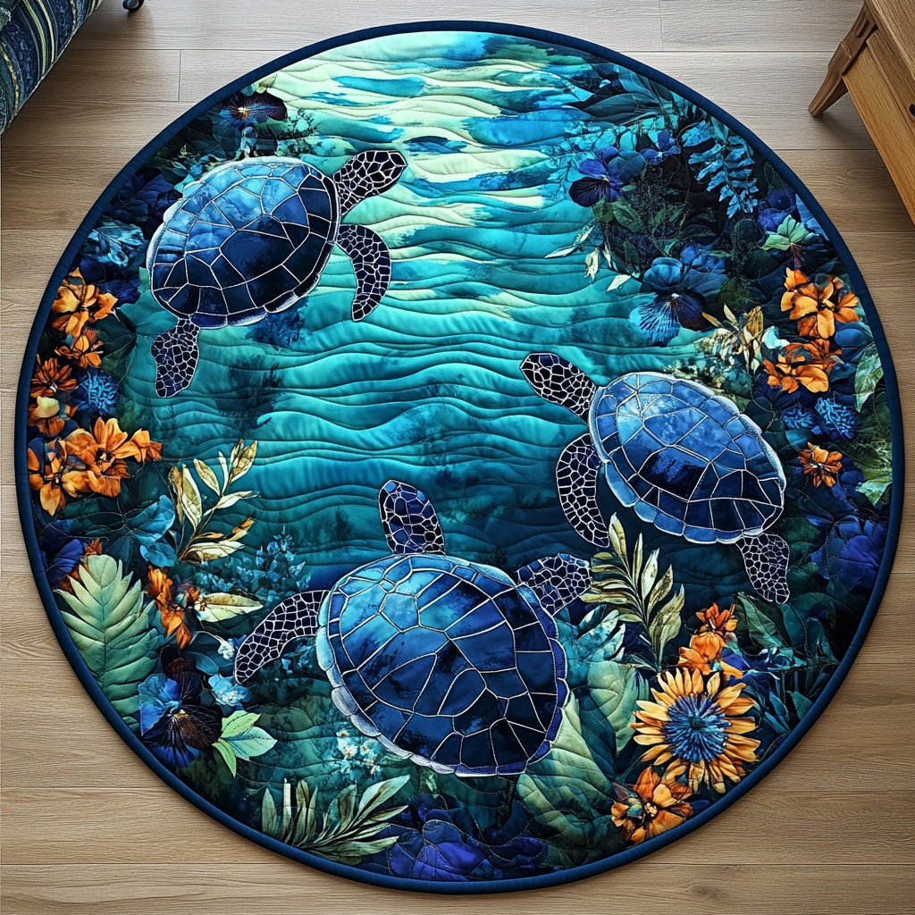 Turtle Retreat Quilted Round Mat Unique Front Door Decor Turtle Themed Gifts For Adults