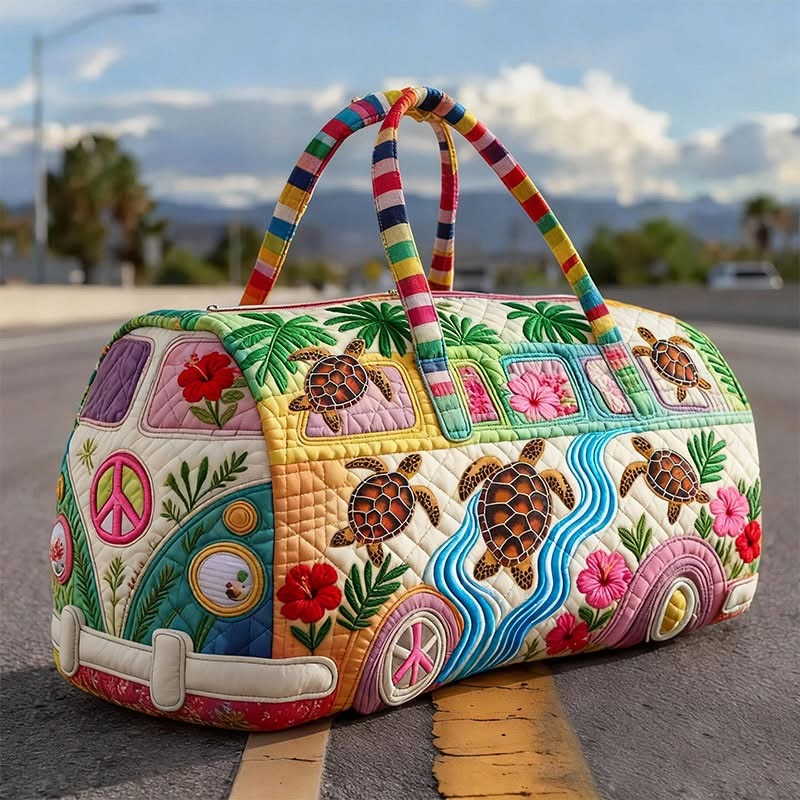 Turtle Vibrant Floral Patchwork Quilted Duffle Bag Colorful Boho Bag Gift For Flower Lovers