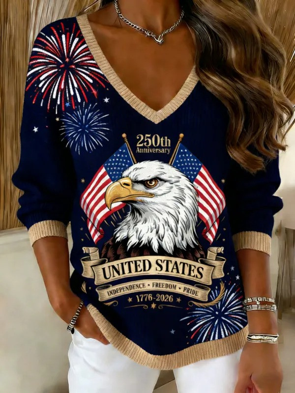 United States 250th Anniversary V-Neck Long Sleeve Shirt Independence Freedom Pride Gift For Her - Image 2