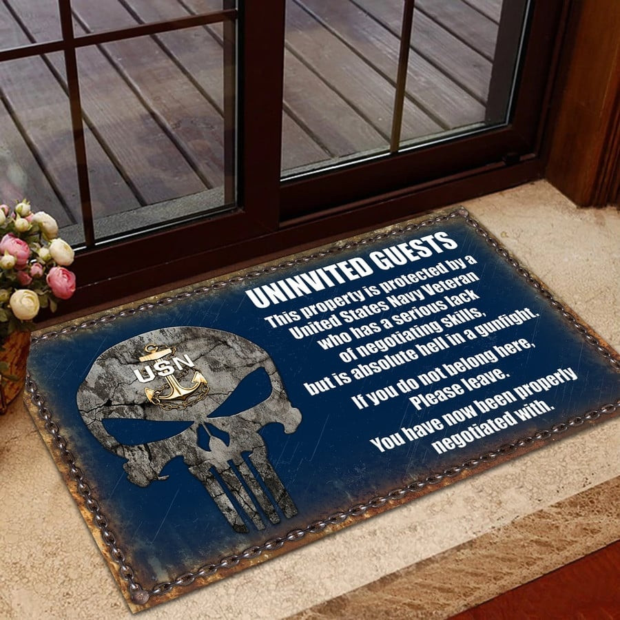 United States Navy Veteran Doormat Uninvited Guest Welcome Mat USN Merch Gifts For Veteran