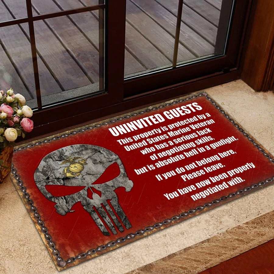 US Marines Veteran Doormat Uninvited Guest Welcome Mat USMC Merch Gifts For Veteran Dad