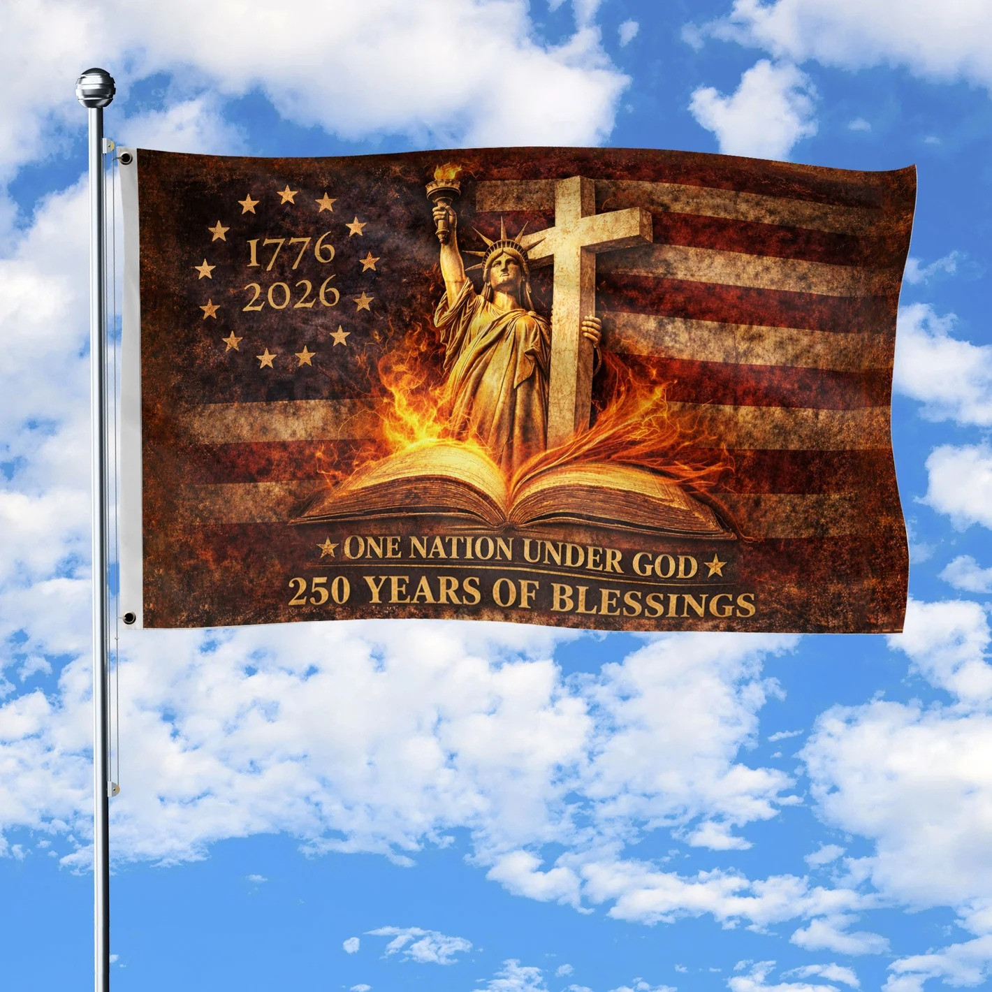 USA 250 Years Of Blessings Flag Liberty Statue Holy Cross Flag Fourth Of July Decorations
