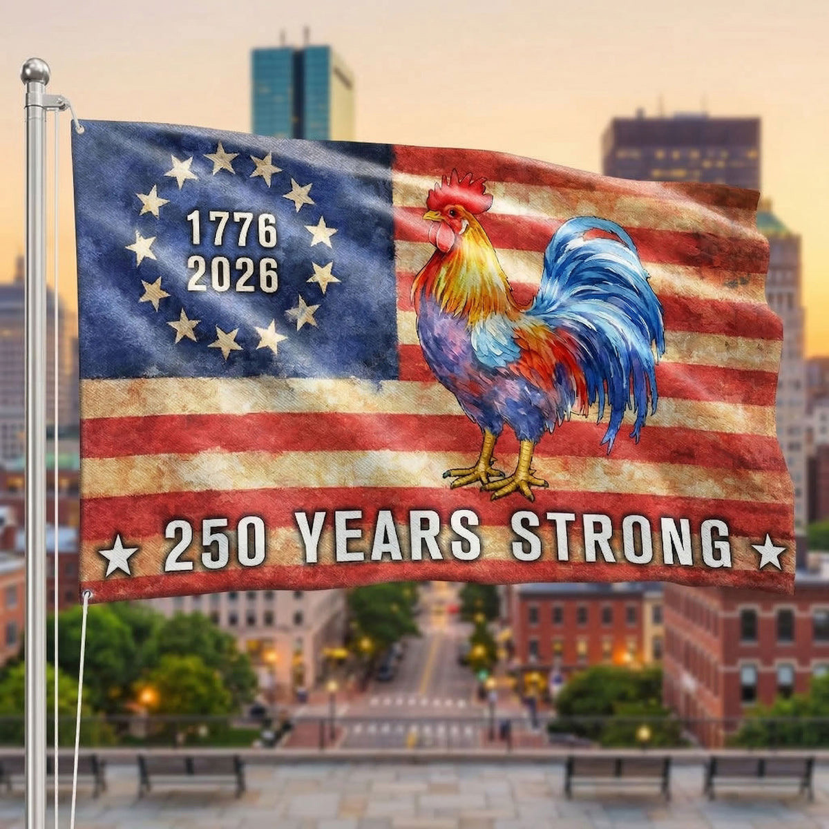 USA 250 Years Strong 1776 2026 Rooster Flag America's Birthday Flag Patriotic Decoration