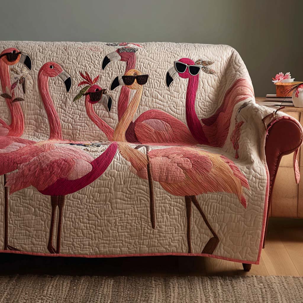 Vacation Flamingos Quilted Sofa Cover Couch Protector Best Flamingo Related Gifts