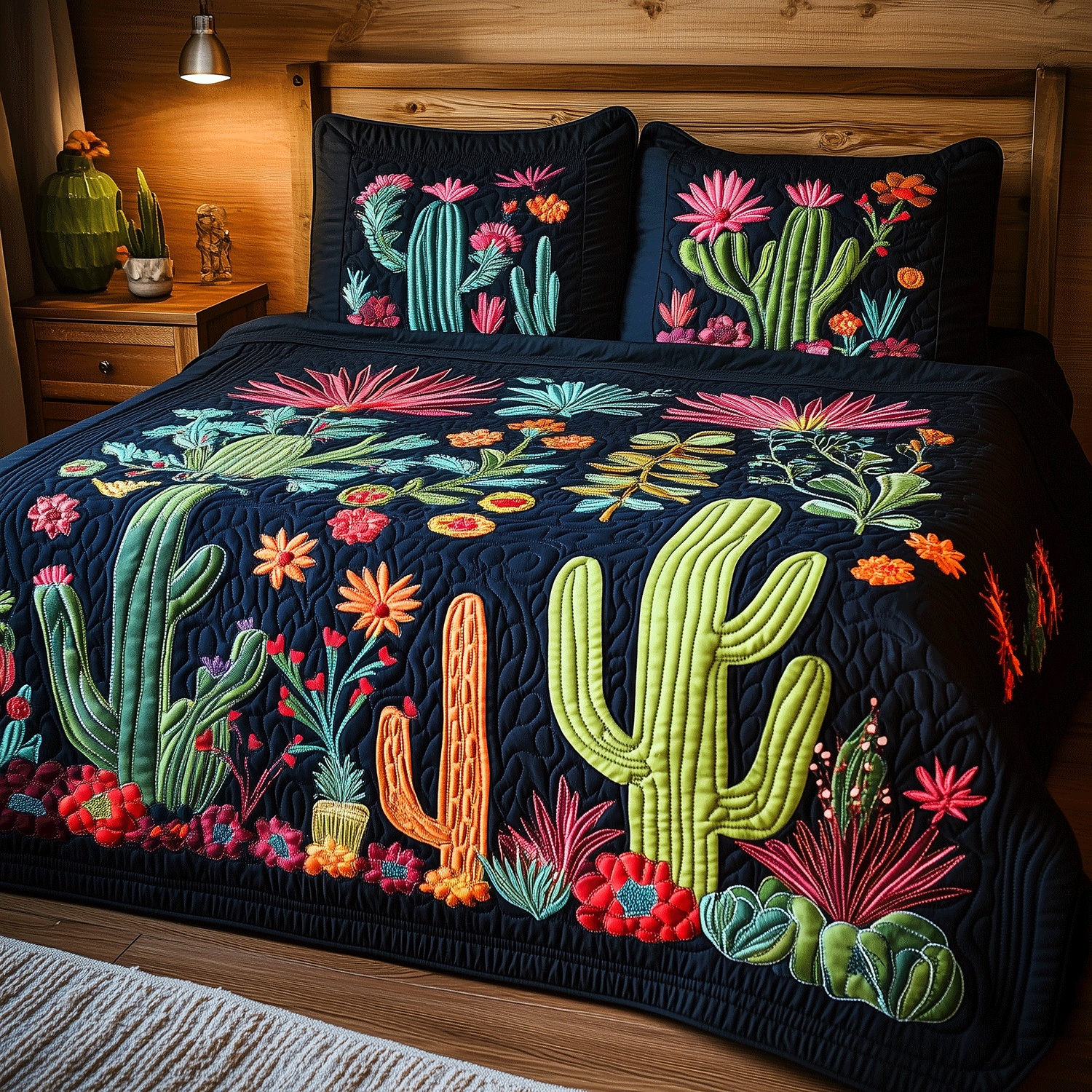 Vibrant Cactus Quilted Bedding Set Colorful Desert Bedroom Decor Gift For Cactus Lovers
