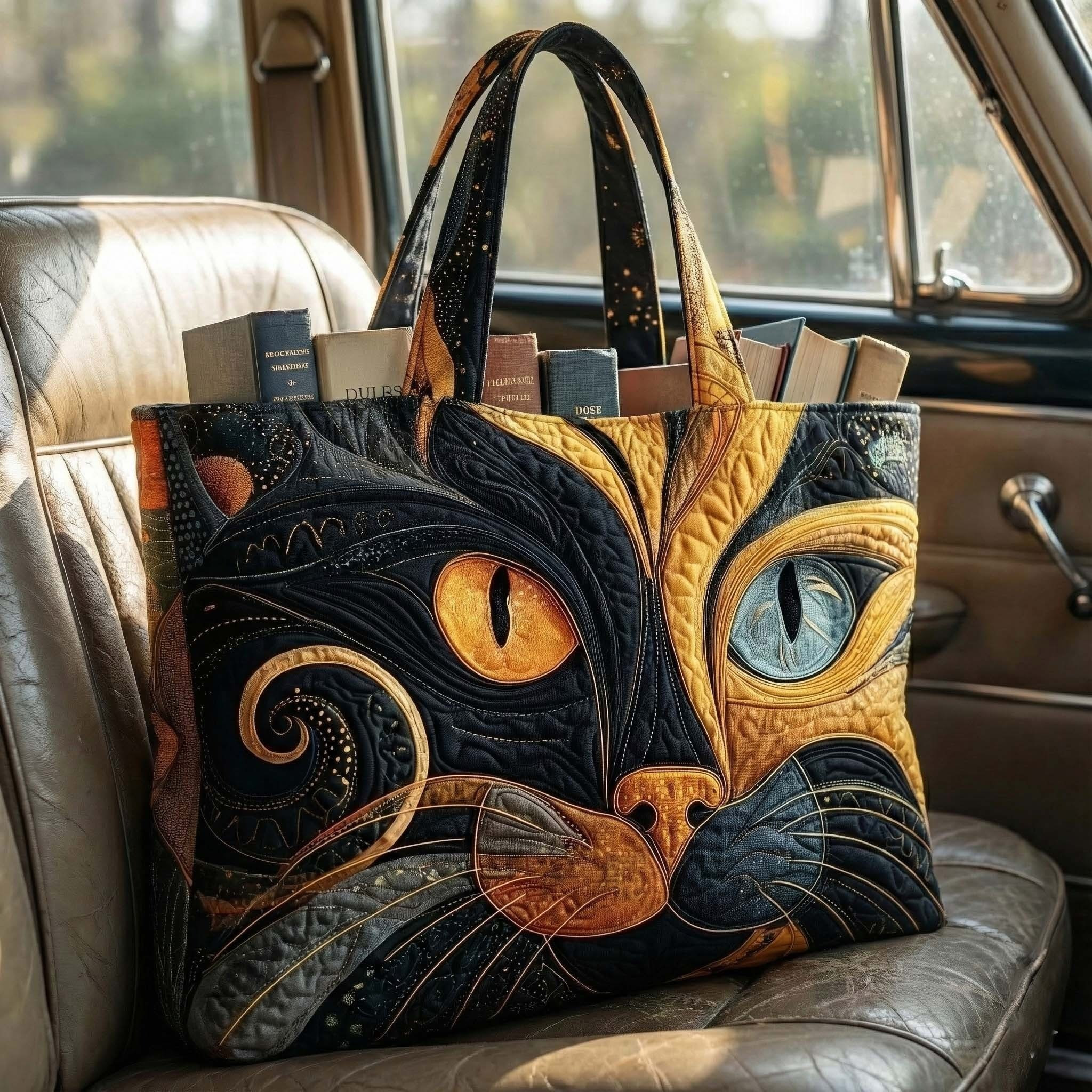 Vibrant Fantasy Cat Quilted Tote Bag Art Nouveau Bag Cool Gifts For Cat Lovers