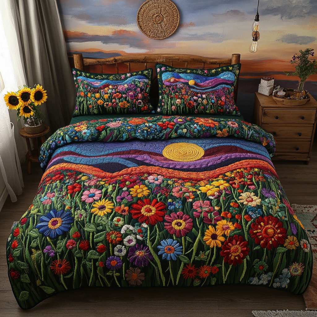 Vibrant Meadows Quilted Bedding Set Colorful Floral Bedroom Decor Best Gift For Her