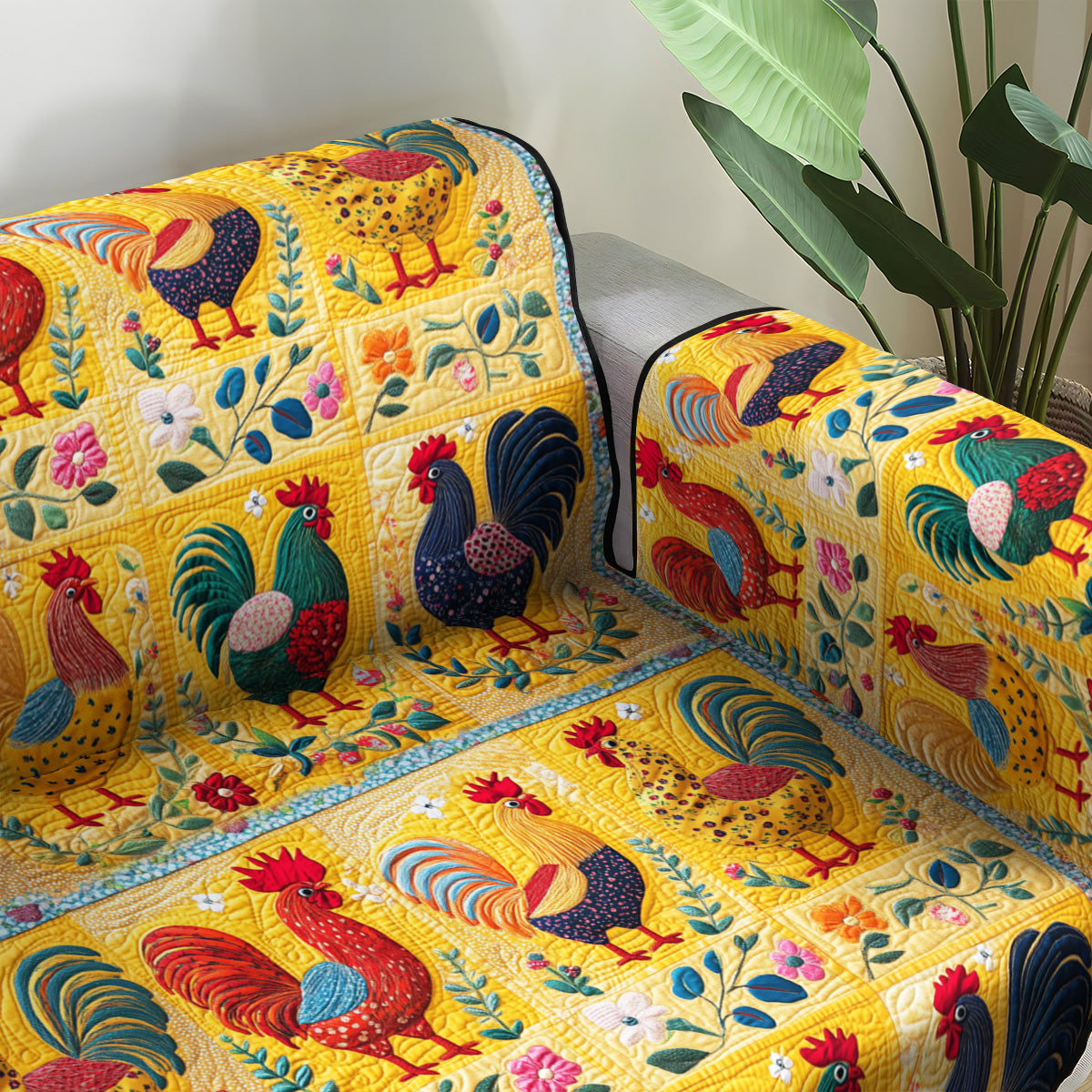 Vibrant Rooster Mosaic Quilted Sofa Cover Holiday Living Room Decor Gifts For Chicken Lovers
