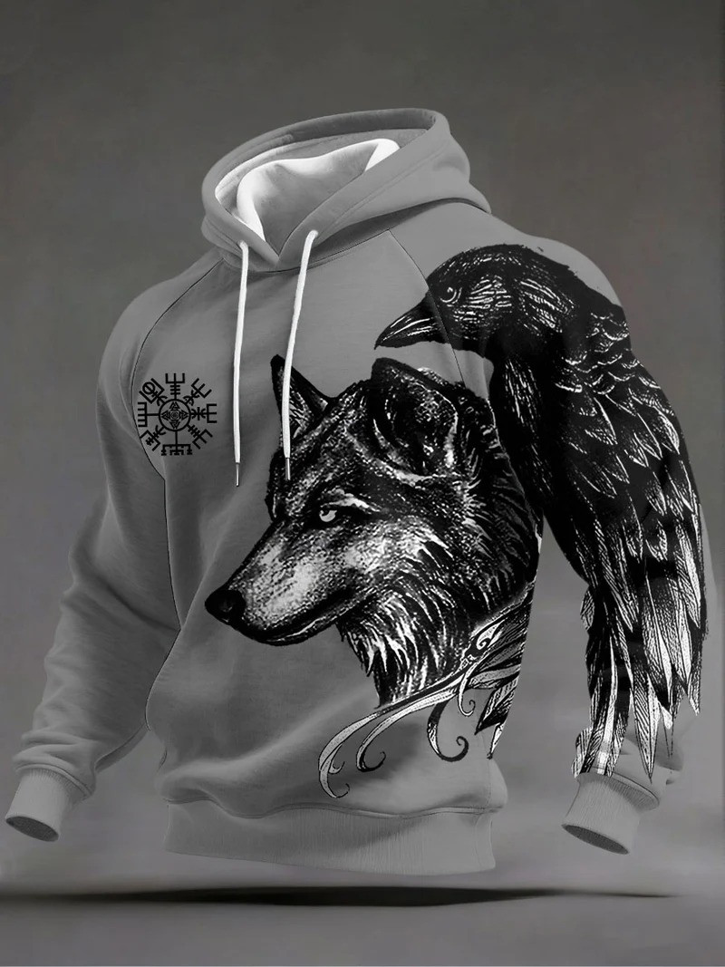 Viking Style Wolf And Raven Hoodie Valhalla Norse Mythology Warrior Fan Gear Best Gift For Viking Fans