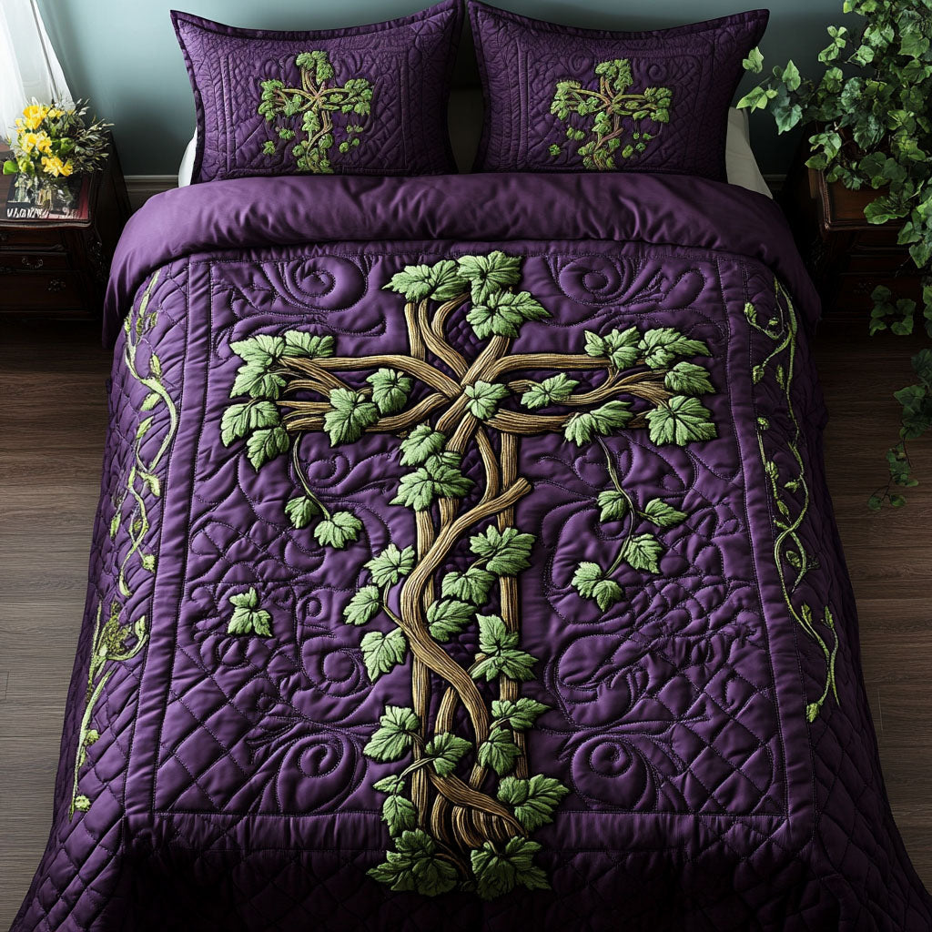 Vine Cross Quilted Bedding Set Religious Floral Bedroom Decor Gift For Christians