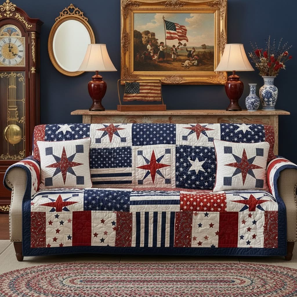 Vintage Americana Quilted Sofa Cover 4th Of July Home Decor Patriotic Gifts Ideas