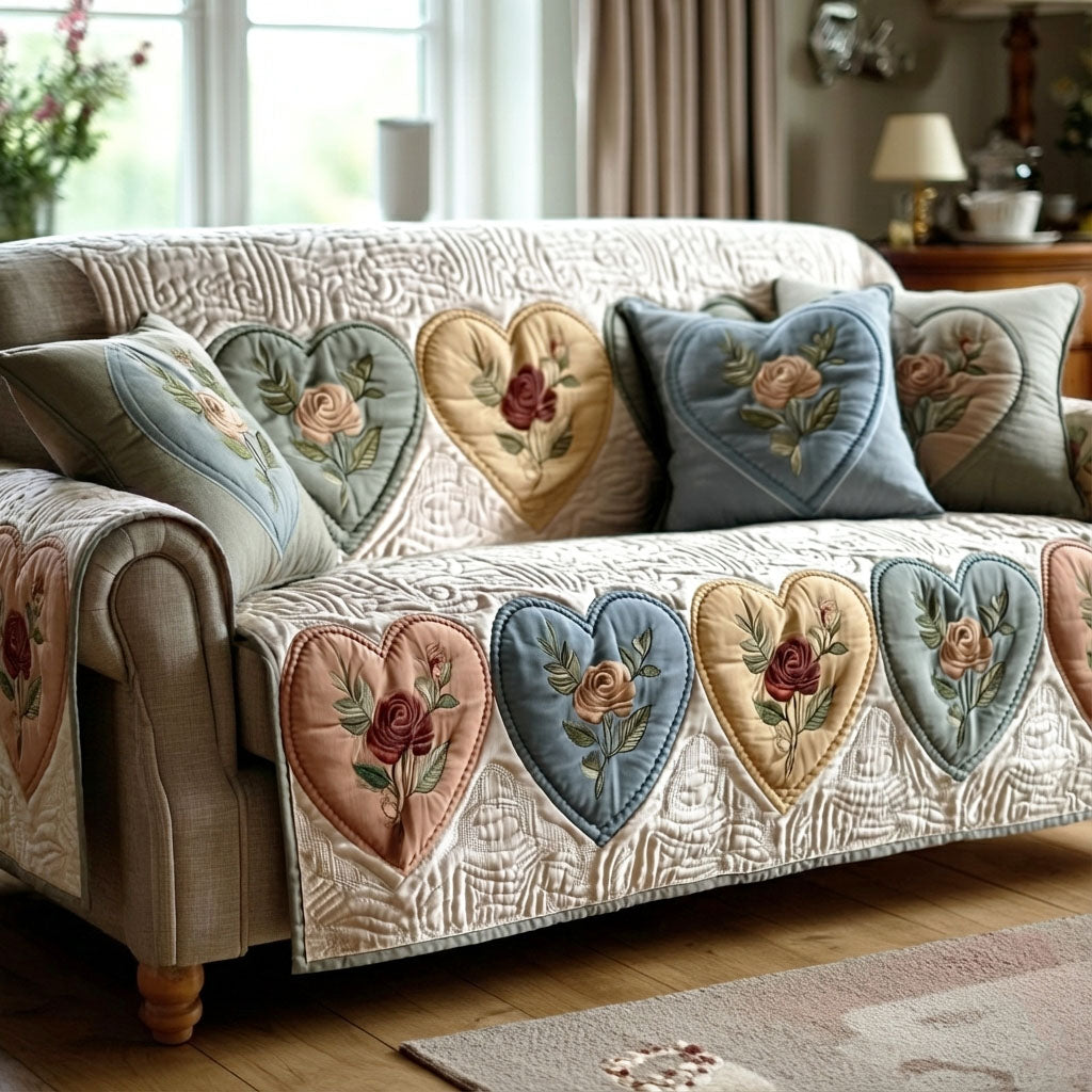 Vintage Bloom Hearts Quilted Sofa Cover Large Couch Cover Best Valentine Day Gifts For Women